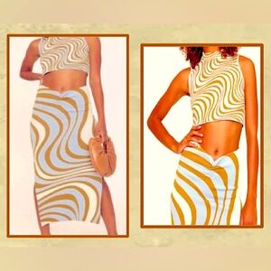RHODE Matching Knit Set- Maxi Skirt & Crop Tank Top/Blue & Tan Abstract/Size M